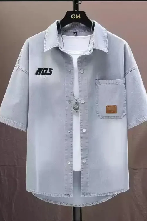 Design Vintage Oversize Jeans Shirt High Quality Washed Denim for Men Plus Size Printed Shirts