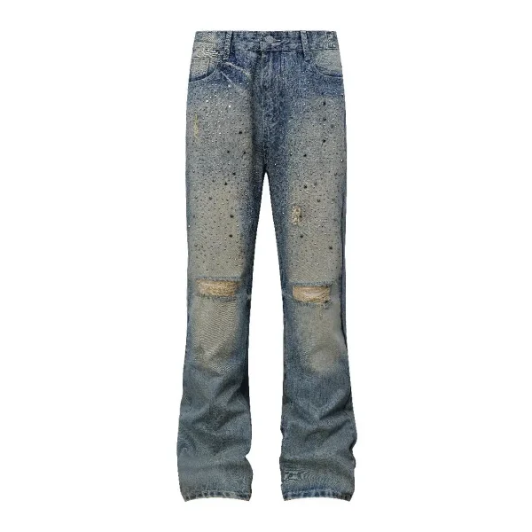 European American Vintage Men's Slim Fit Straight Denim Pants Mid Waist Rhinestone Decorated Washed Printed Jeans for Men - Image 2