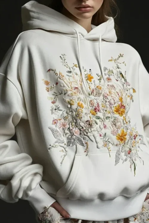 2025 Women’s Vintage Wildflower Floral Embroidered Hoodie Sweater Loose Casual Style European American Plus Size for Winter