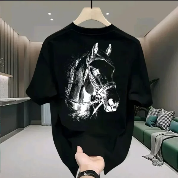 American Style Horse Print T-Shirt Short Sleeve Youth Loose Fit Unisex Casual Sublimation 100% Cotton T-Shirts - Image 3