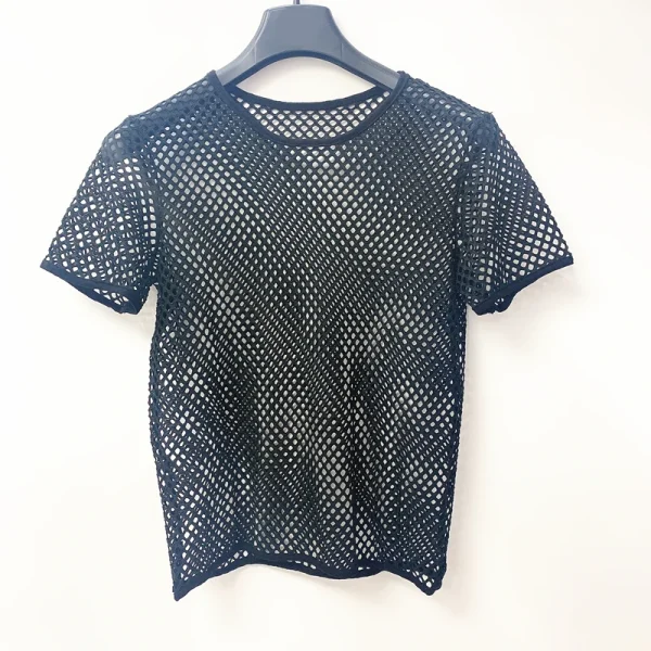 European American Summer New Product Men's Personalized Neck Cut T-Shirt Casual Group Blouse Mesh Fishnet Breathable Hole Solid - Image 3