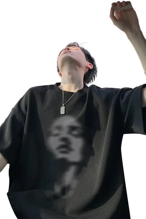 Men’s Black Cotton Short Sleeve T-Shirt Summer New American Heavyweight Trendy Half Sleeve Face Heat Transfer Character