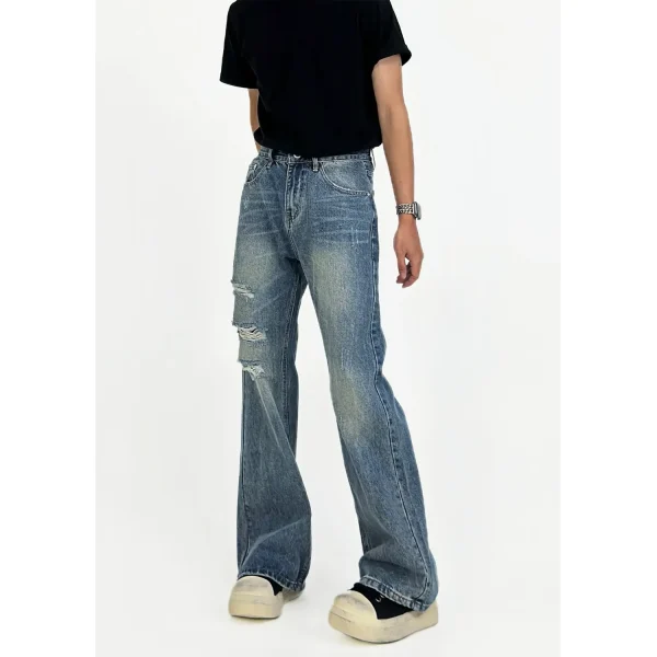Men's Casual Jeans Pants Top Handmade American Retro Distressed Flared Jeans Loose Straight Versatile for Autumn Denim - Image 2