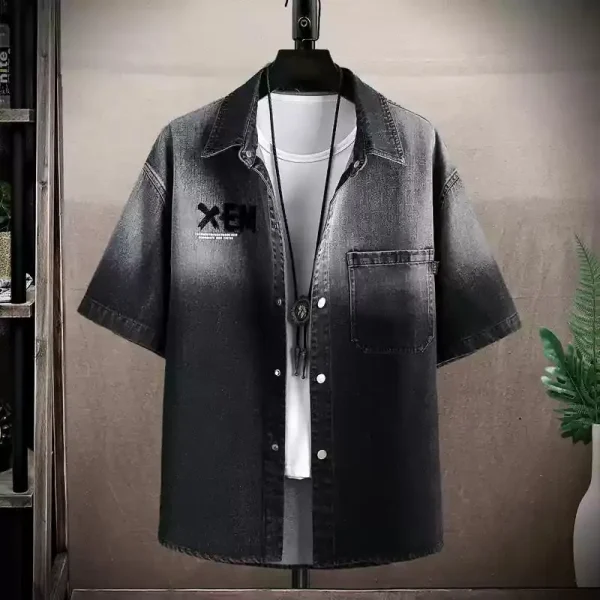 Design Vintage Oversize Jeans Shirt High Quality Washed Denim for Men Plus Size Printed Shirts - Image 3