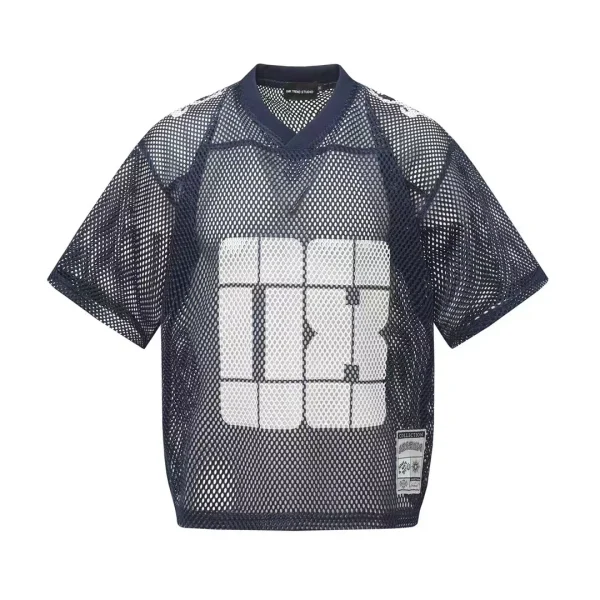 American Trendy Style Men's T-Shirt 100% Polyester Short Sleeve V Neck Mesh Hole Ice Feel Printed Loose Casual Sports Design - Image 2