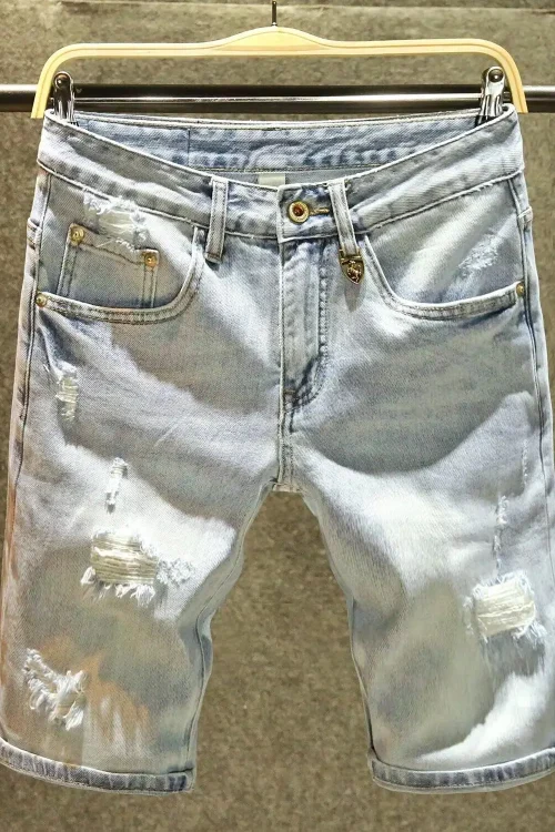 American European Vintage Jeans Shorts Cotton Denim Pants Distressed Washed Zipper Fly  Design Casual  Shorts for Men