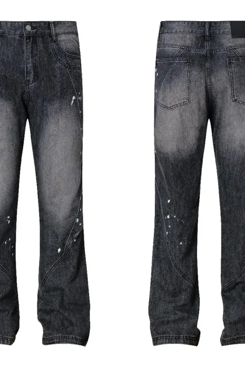 European American Vintage Men’s Slim Fit Denim Pants Mid Waist Button Decorated Washed Printed Jeans Pants for Men