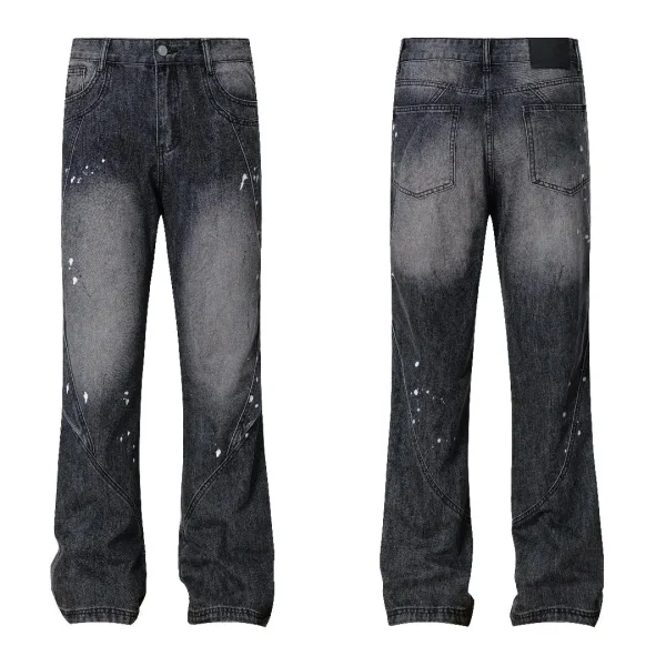 European American Vintage Men's Slim Fit Denim Pants Mid Waist Button Decorated Washed Printed Jeans Pants for Men