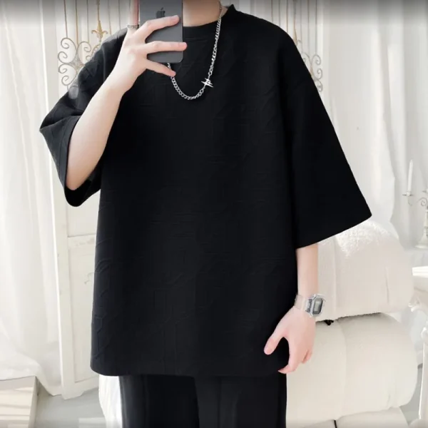 High Jacquard T-Shirt for Men American Style Summer Trendy Fashion Short Sleeve Textured Half Sleeve Loose Fit 240 Gram - Image 4