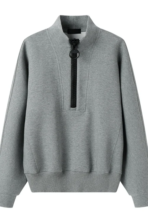 2025 Unisex Korean Style Deconstructed Design Gray Half-Zip Long Sleeve Pullover Sweatshirt Hooded Collar for Autumn