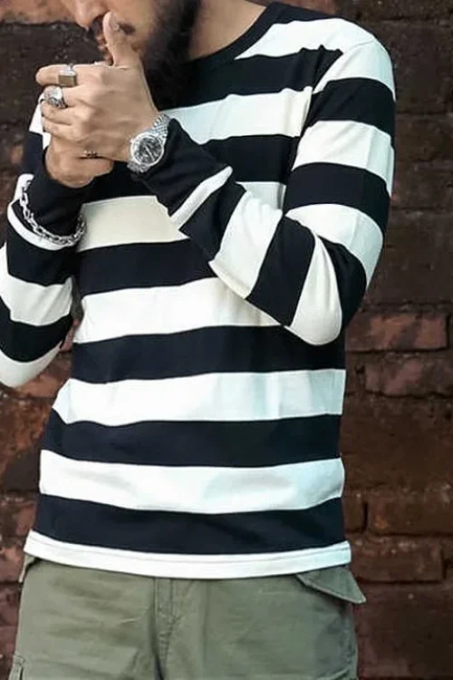 Design Men’s Long Sleeve T-Shirts O-Neck T-Shirts  100% Cotton Knitted Stripe Printed  Oversized  T-Shirt for Men