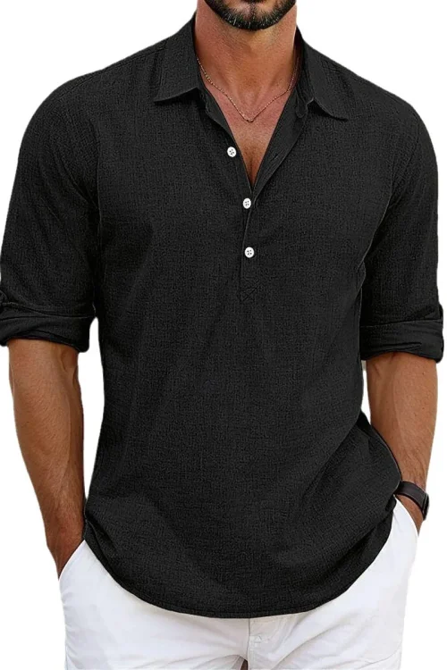 2025 Summer Trendy Solid Color 100% Cotton Men’s Casual Long Sleeve Turn-Down Collar Half Cardigan European American Plus Size