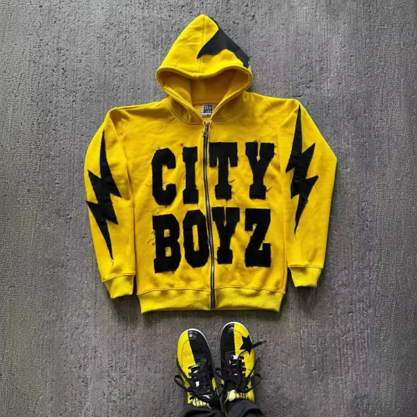 Unisex Acid Wash Zip-Up Hoodie with Rhinestone Embroidered Patch Casual Style for Men in Autumn Season - Image 5