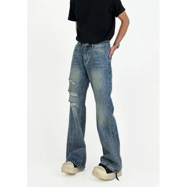 Men's Casual Jeans Pants Top Handmade American Retro Distressed Flared Jeans Loose Straight Versatile for Autumn Denim - Image 3