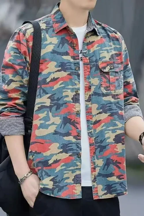 2025 Men’s Camouflage Casual Shirts Printed Long Sleeve Shirts for Men
