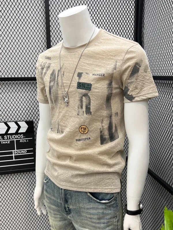 2025 Summer Men's Short Sleeve T-Shirt New Ice Silk Cool American Retro High Street Printed Slim Fit Top Casual 100% Cotton - Image 4