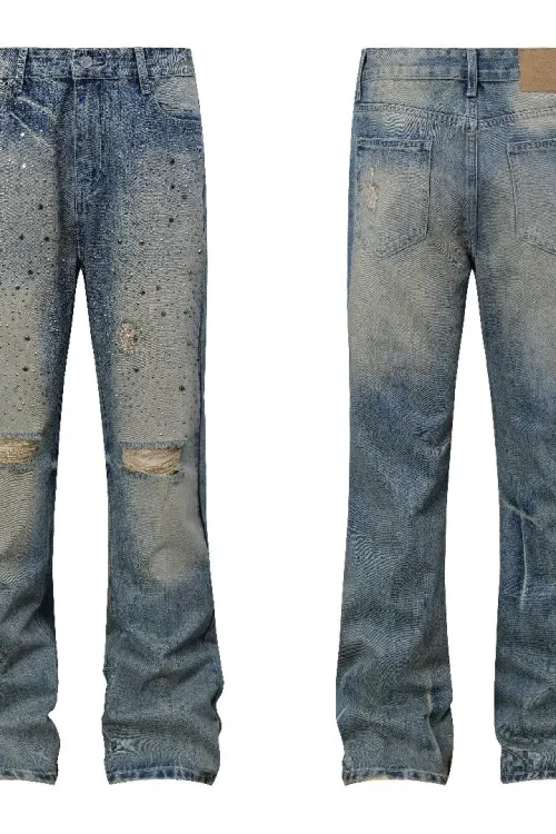 European American Vintage Men’s Slim Fit Straight Denim Pants Mid Waist Rhinestone Decorated Washed Printed Jeans for Men