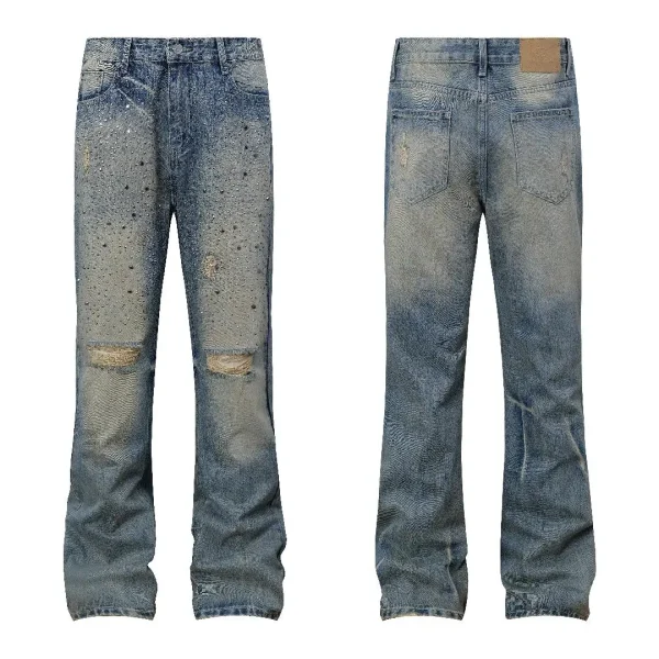 European American Vintage Men's Slim Fit Straight Denim Pants Mid Waist Rhinestone Decorated Washed Printed Jeans for Men
