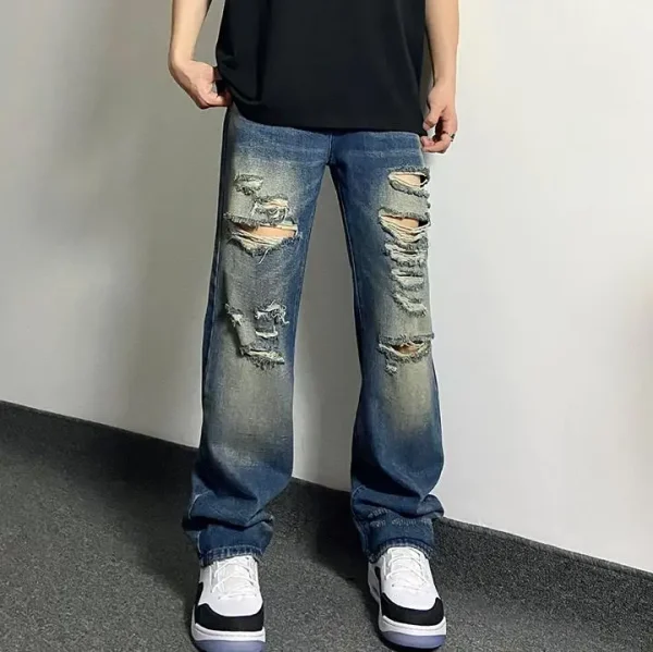 Unisex Heavy-Duty Distressed Washed Denim Jeans High Street Straight Pants Trendy Casual Style for Autumn 100% Cotton