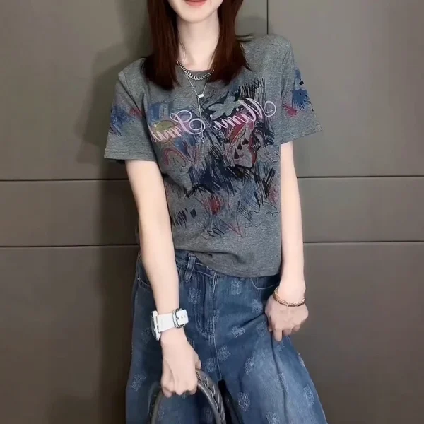 European-Style Summer Women's Cotton T-Shirt Plus-Size Flattering Casual Top Pattern Regular Shoulder Short-Sleeve Printed Top - Image 6
