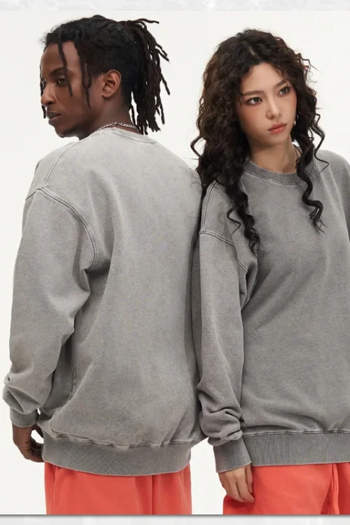 European Size Sweatshirt Pure Cotton Washed Distressed Heavyweight  Autumn Winter Tops Jacket Drop Shoulder Unisex Sweatshirt