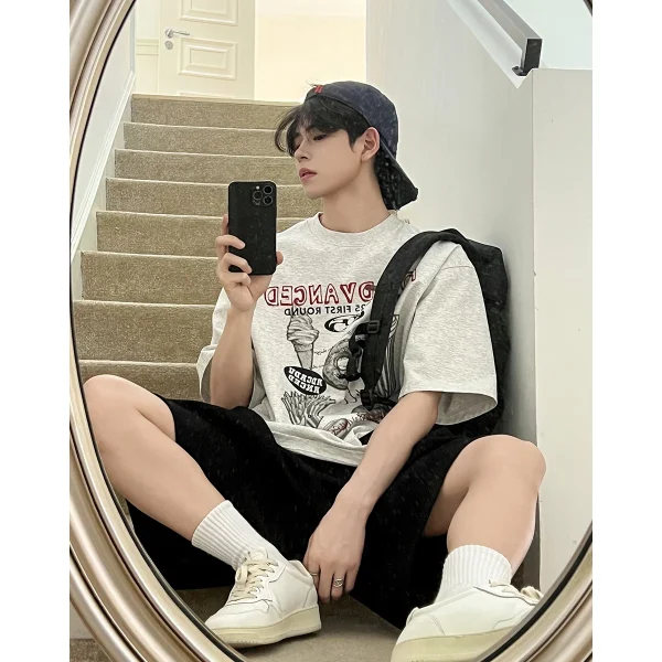 2025 Summer Casual Men's Short Sleeve T-Shirt Loose Printed New Neck Base Shirt 100% Cotton Oversized T-Shirt for Men - Image 3