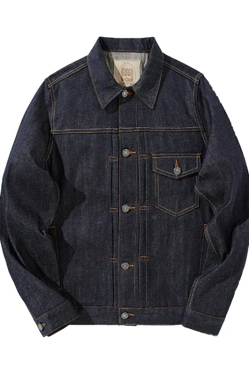 American Vintage Men’s Slim Thick Jean Jacket Original Red Selvedge Denim Dark Blue Streetwear Washed Technics Casual Winter