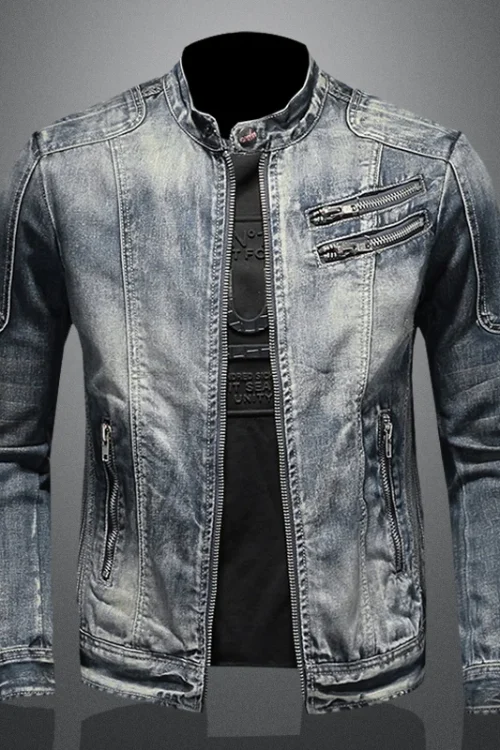 Men’s Retro American Slim Stand Collar Denim Jacket with Zipper Casual Work Cycling Motorcycle Riding Featuring Jeans Jacket