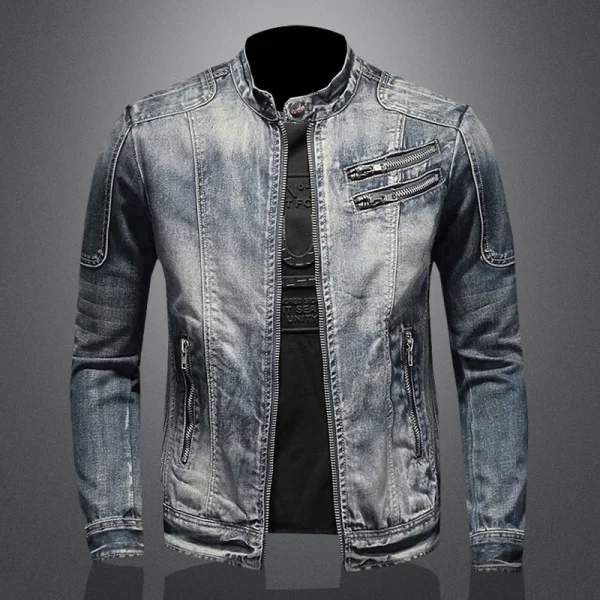 Men's Retro American Slim Stand Collar Denim Jacket with Zipper Casual Work Cycling Motorcycle Riding Featuring Jeans Jacket