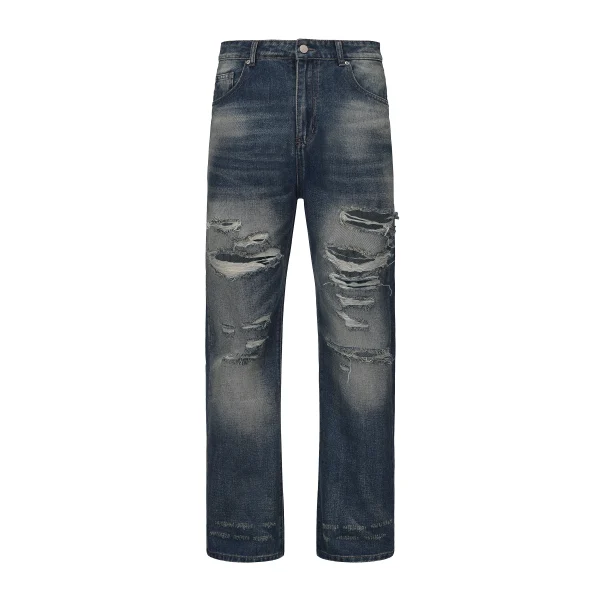 Unisex Heavy-Duty Distressed Washed Denim Jeans High Street Straight Pants Trendy Casual Style for Autumn 100% Cotton - Image 3