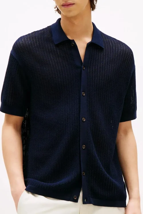 Summer 100% Cotton Mesh Knit Shirt for Men Plus Size Casual for Polo Collar Short Sleeve Cardigan