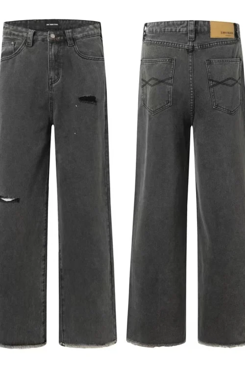 American Vintage Men’s Slim Fit Elastic Denim Pants Mid Waist Button Decorated Washed Distressed Hole Jeans for Summer Straight
