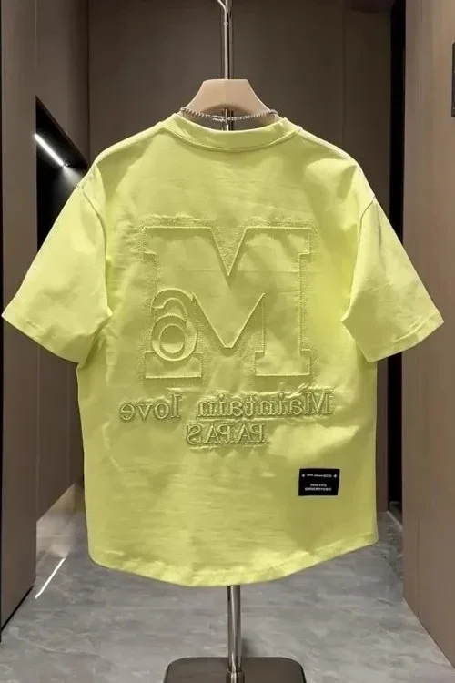 2025 Summer Trendyy Men’s Casual Short-Sleeved T-Shirt 100% Cotton Heavy Industry 3D Embroidered Letter Design Men’s 3D