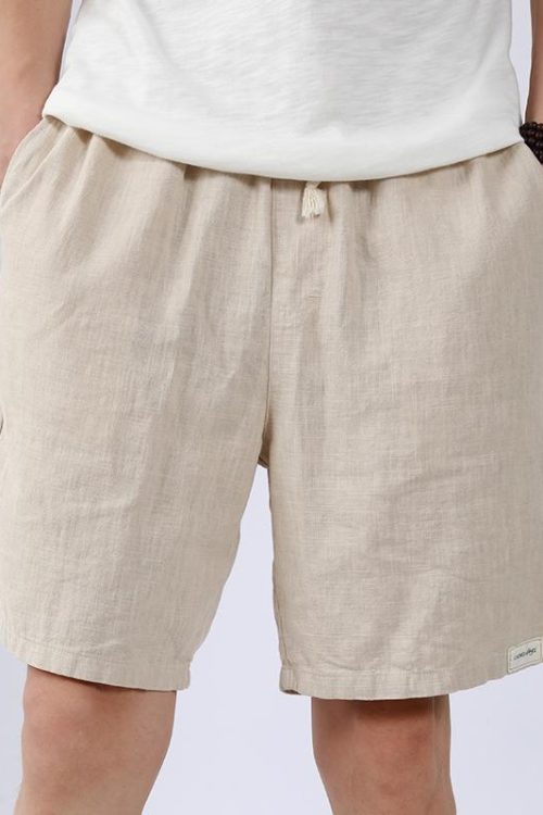 European American Retro Men’s Summer Casual Three-Quarter Linen Cotton Shorts Mid Waist Hot Shorts Drawstring Solid Color