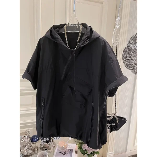 Stylish Men's Summer Half-Zip Hooded Cargo Short Sleeve T-Shirt High Street Trend Plus Size Thin Loose Fit Front - Image 4