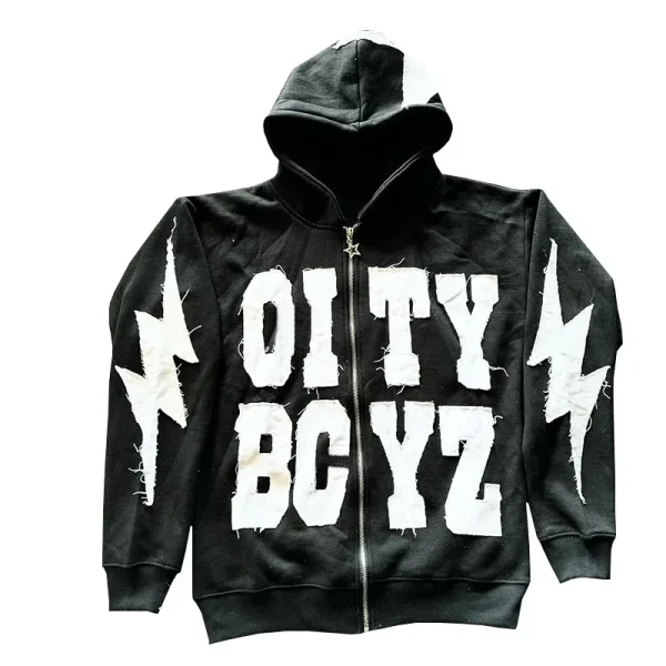 Unisex Acid Wash Zip-Up Hoodie with Rhinestone Embroidered Patch Casual Style for Men in Autumn Season - Image 3