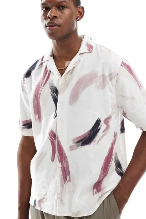 Oversized Linen Half-Sleeve Men’s Casual Anti-Shrink Anti-Pilling Abstract Print Button-Up Plus Size Service Available