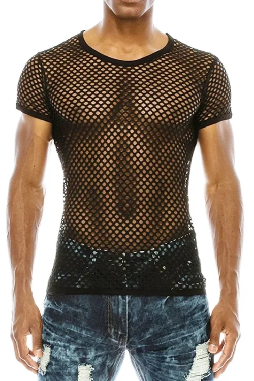European American Summer New Product Men’s Personalized Neck Cut T-Shirt Casual Group Blouse Mesh Fishnet Breathable Hole Solid