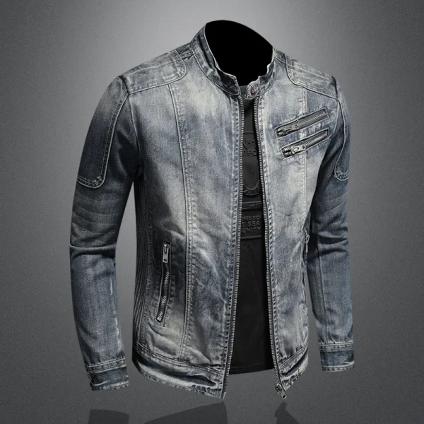 Men's Retro American Slim Stand Collar Denim Jacket with Zipper Casual Work Cycling Motorcycle Riding Featuring Jeans Jacket - Image 3
