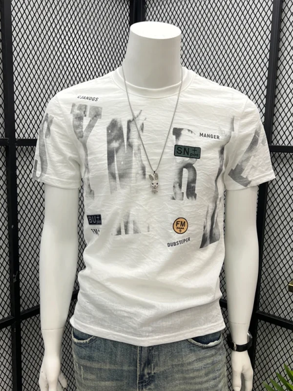 2025 Summer Men's Short Sleeve T-Shirt New Ice Silk Cool American Retro High Street Printed Slim Fit Top Casual 100% Cotton - Image 2