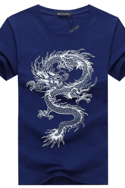 2025 Summer Men’s T-Shirt Pure Cotton Short-Sleeved with Style Dragon Pattern Loose Plus Size T-Shirt for Men