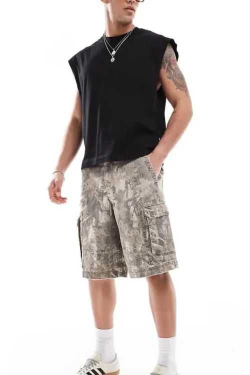 Men’s High Quality Cotton Baggy Camouflage Cargo Shorts Street Wear Casual Patched Pocket Jorts with Mid Waist Bellow Pocket