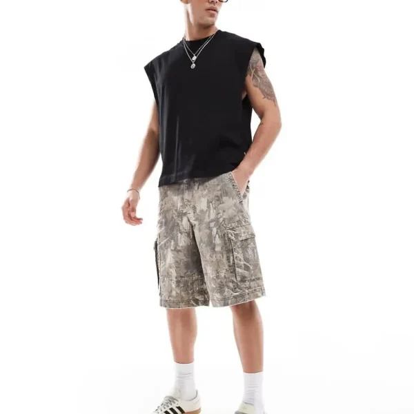 Men's High Quality Cotton Baggy Camouflage Cargo Shorts Street Wear Casual Patched Pocket Jorts with Mid Waist Bellow Pocket