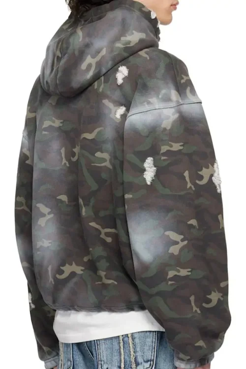 2025 Men’s Camo Rock Printed Oversized French Terry Hoodie with Distressing Spray-paint Effect