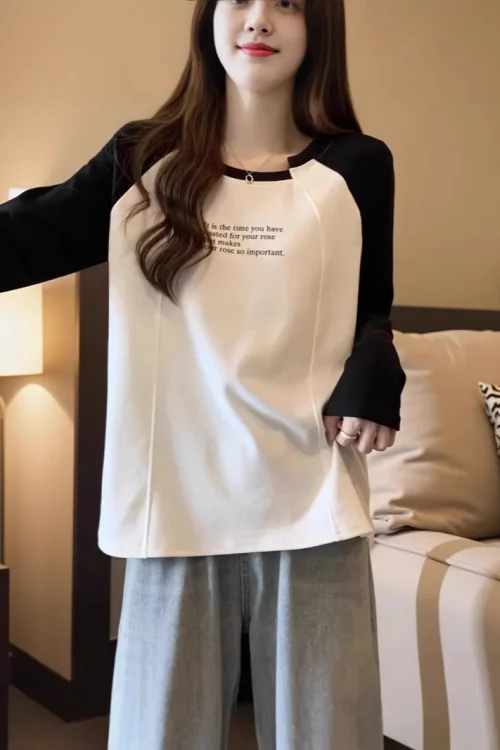 Women’s Casual Spring Autumn  T-Shirt 100% Cotton Loose Fit Long Sleeve Irregular Collar Color Block Tee Shirts for Women