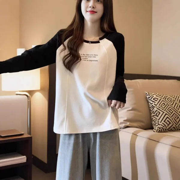 Women's Casual Spring Autumn  T-Shirt 100% Cotton Loose Fit Long Sleeve Irregular Collar Color Block Tee Shirts for Women