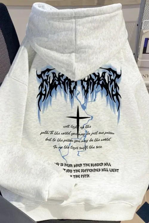 High Street Fashion Hooded Sweatshirt American Lightning Cross Printed Cotton Loose Fit Hoodie for Men