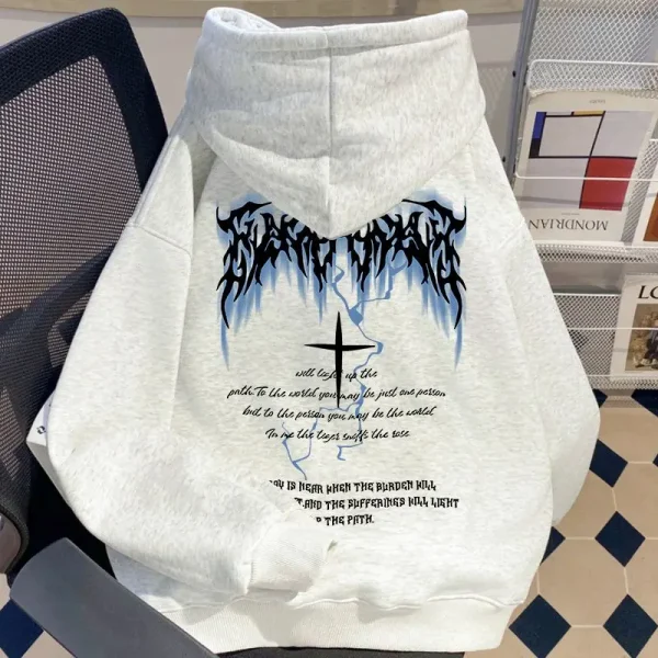 High Street Fashion Hooded Sweatshirt American Lightning Cross Printed Cotton Loose Fit Hoodie for Men