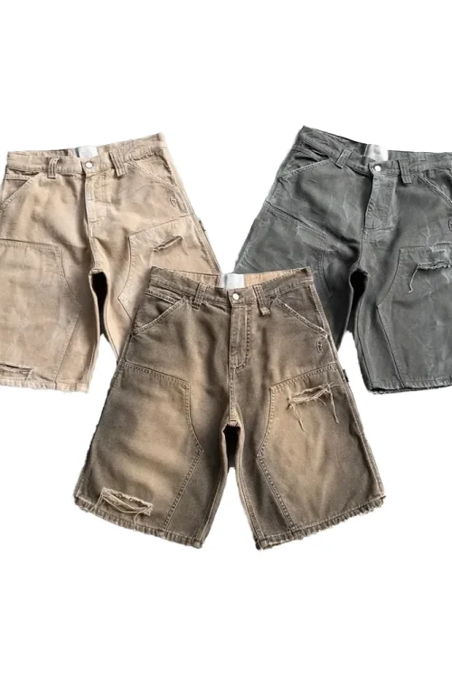 American European Men’s Vintage Print Mid-Waist High-Waist Light-Colored Wash Embroidery Oversized Denim Shorts for Summer