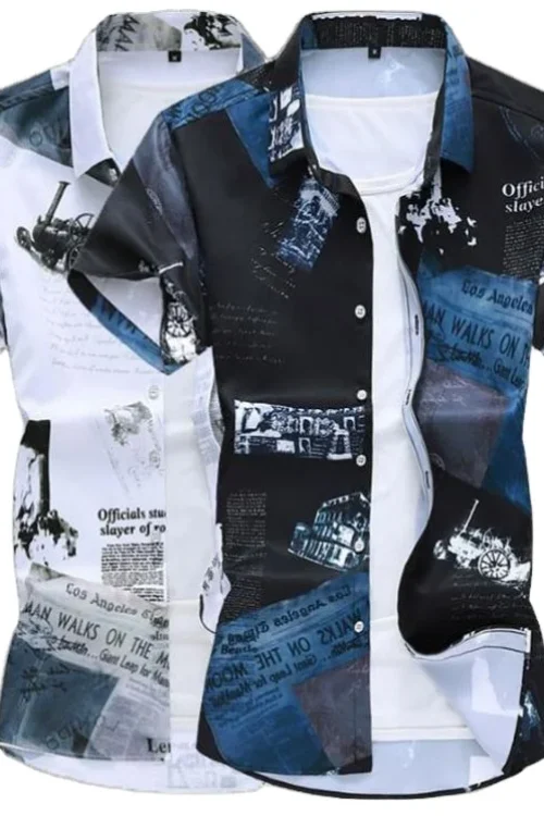 Men’s Casual Summer Slim Fit Short Sleeve Shirts Breathable Digital Printing Turn Collar Single Breasted Closure